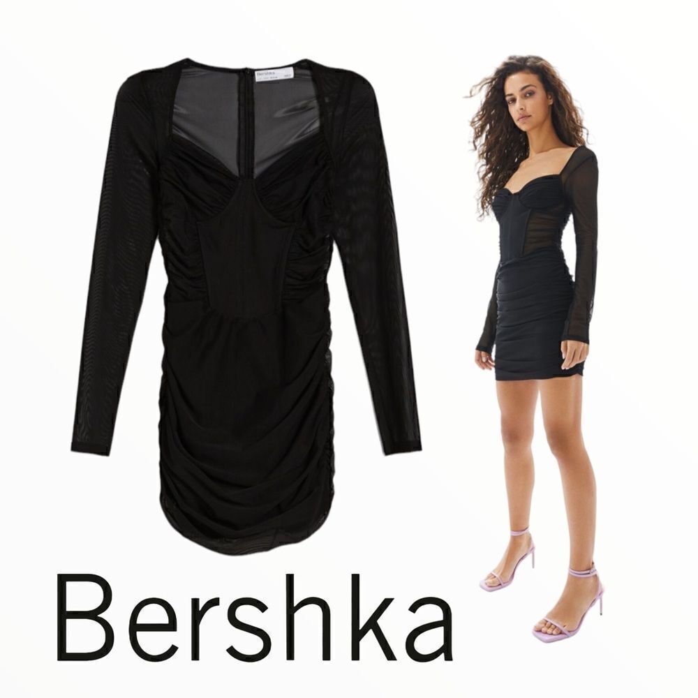 BERSHKA | Black | TULLE DRESS with DRAPED SIDES
